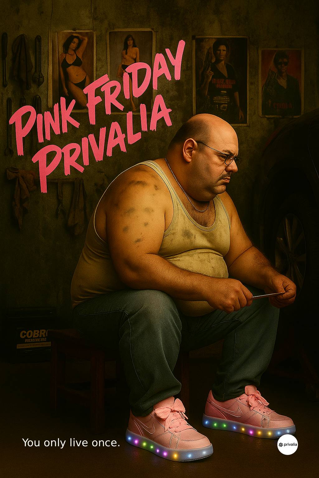 Pink Friday Privalia — Mecânico usando tênis rosa com LED.