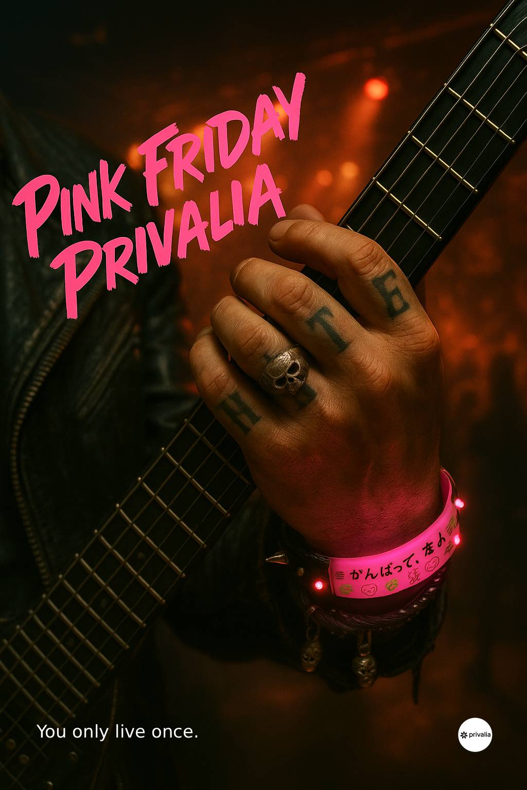 Pink Friday Privalia — Metaleiro com pulseira rosa de festival.